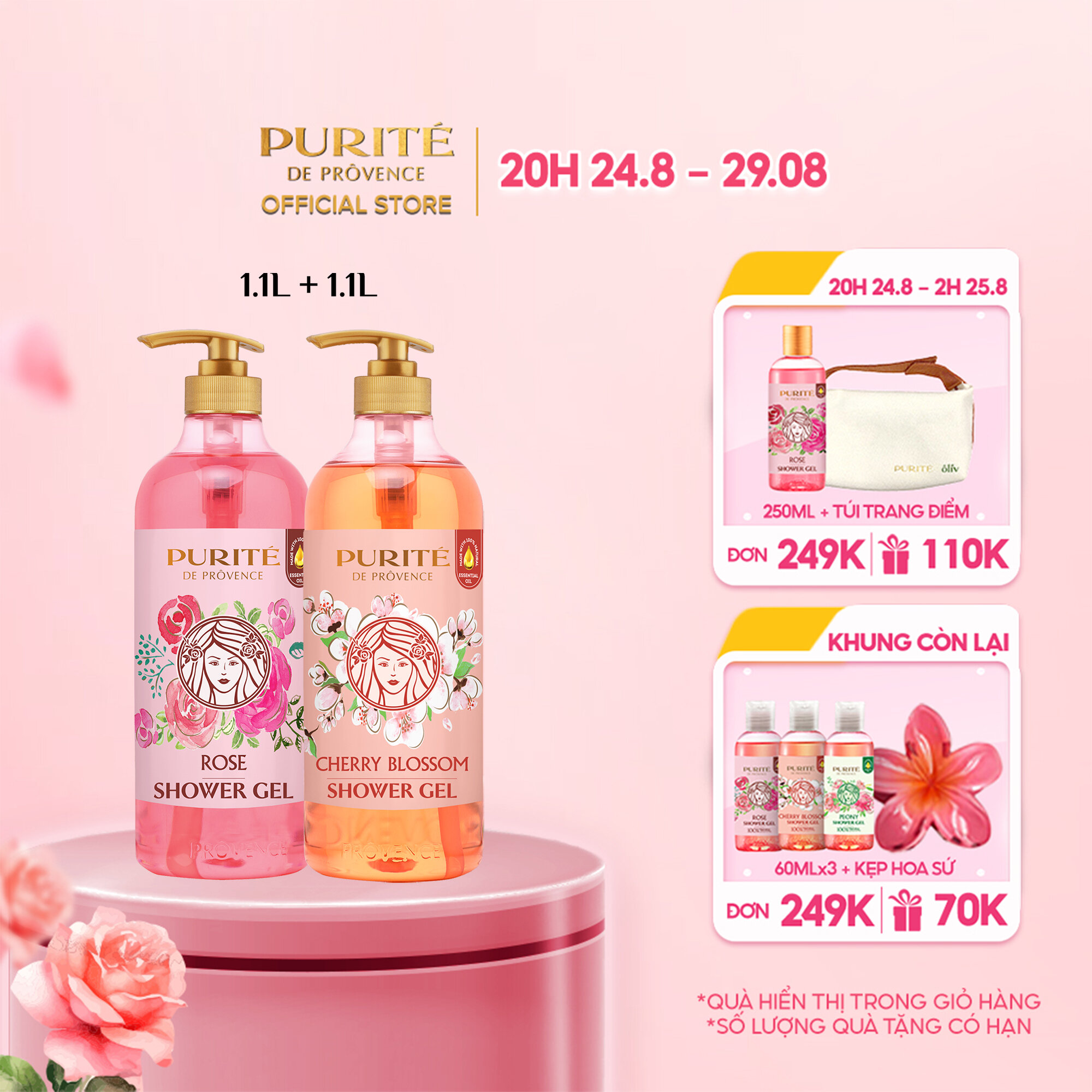 Combo 2 sữa tắm purité 1.1l hương hoa hồng + hương hoa anh đào