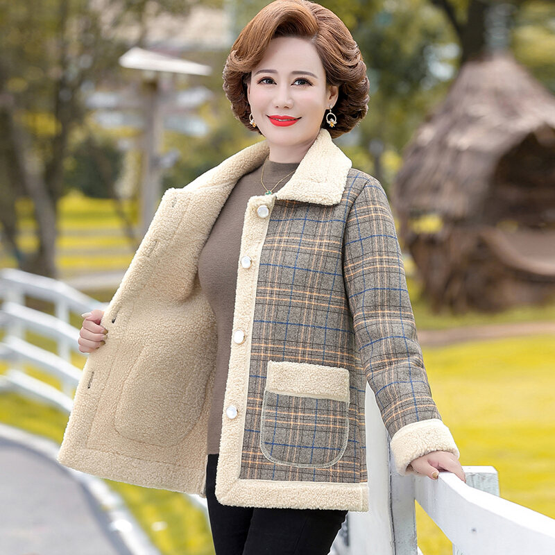 Áo Khoác Lông Cừu Ngắn Cho Phụ Nữ Trung Niên Mùa Thu Đông Thường Ngày Cổ Polo Nút Đơn Túi Polyester 
