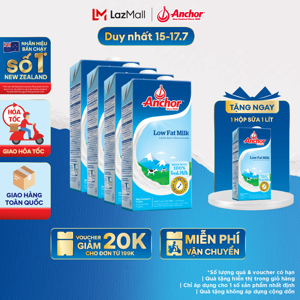 [GIAO HÀNG HỎA TỐC - HCM] Combo 4 Sữa Tươi Tiệt Trùng Anchor Ít Béo Hộp 1 Lít