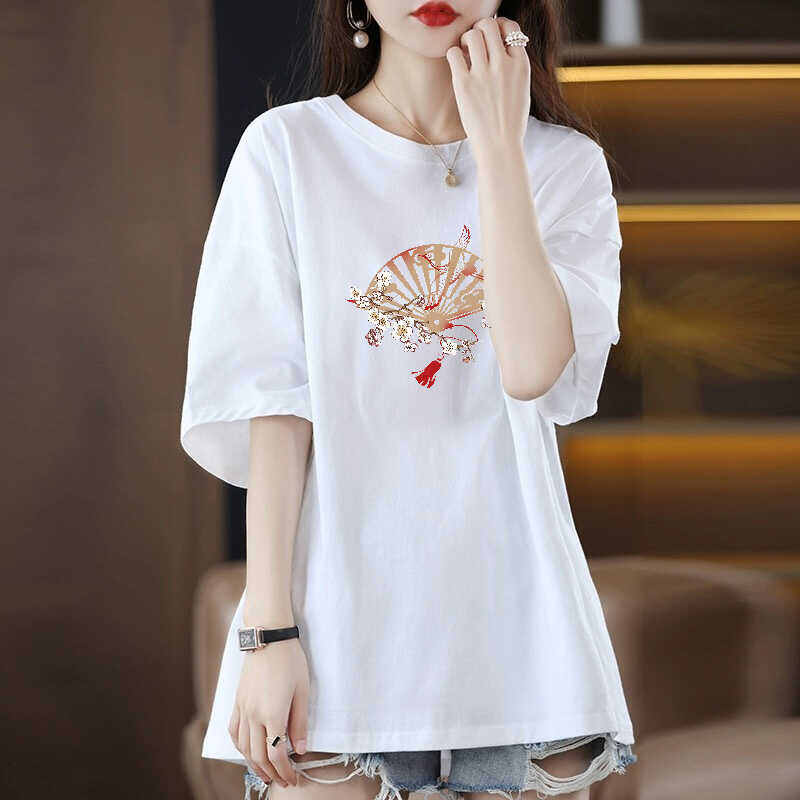 Áo Thun Nữ Tay Ngắn Phong Cách Trung Quốc, Áo Thun in Họa Tiết Mùa Hè, Cổ Tròn, Dài Vừa Phải, Thường Ngày, Tay Ngắn, Trung Tính