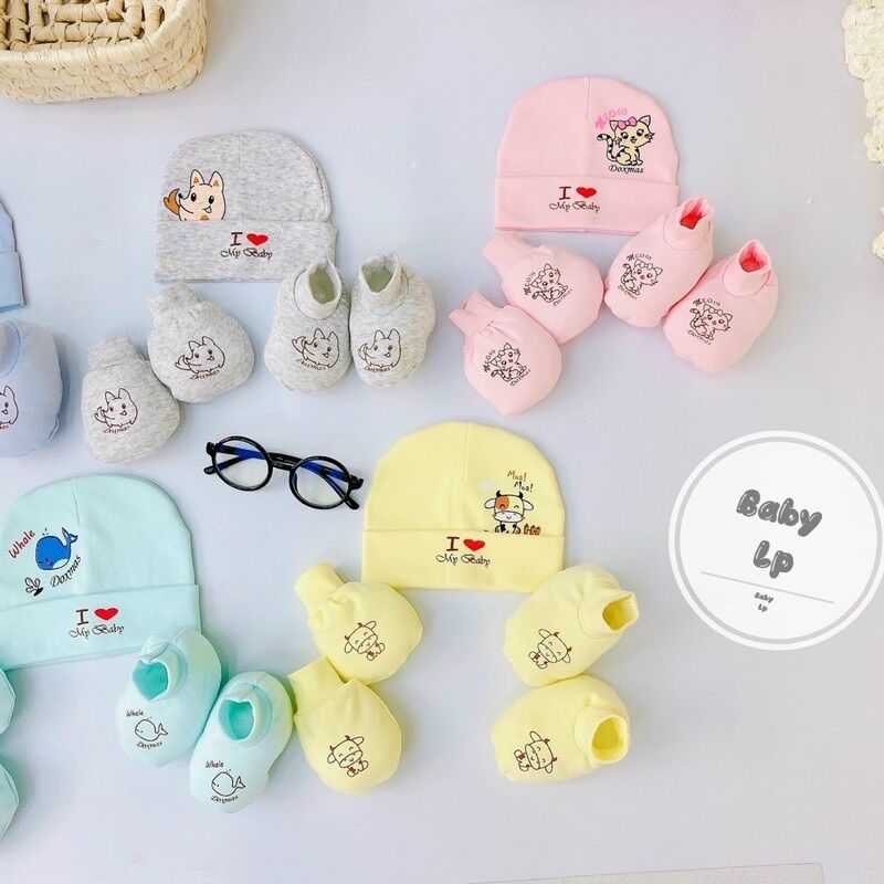 Bao tay chân mũ cho bé,Sét 3 chi tiết nón bao tay chân sợi tre NỀN MÀU