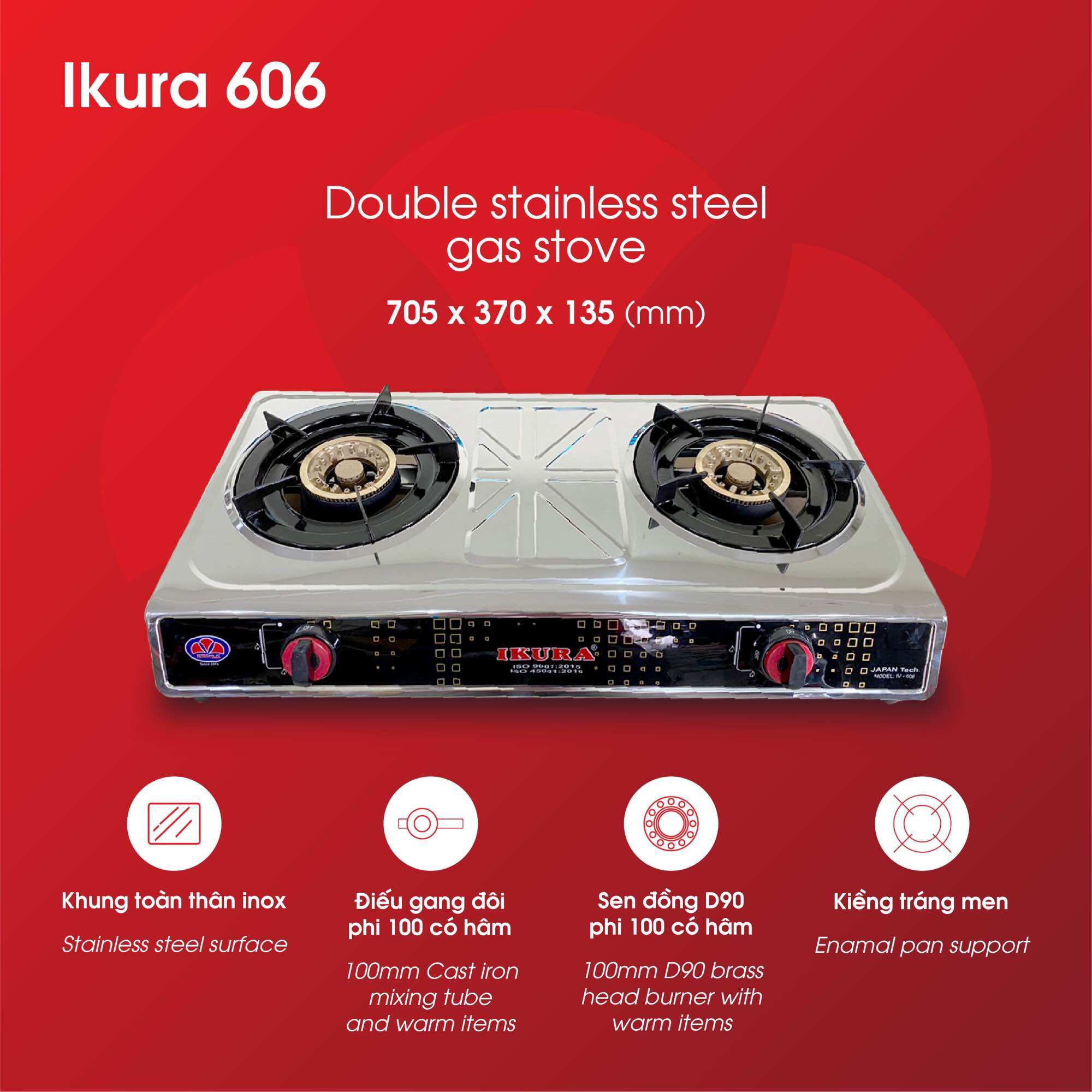 Bếp gas đôi toàn thân inox IKURA 606 - Tiết kiệm gas bếp có chế độ hâm