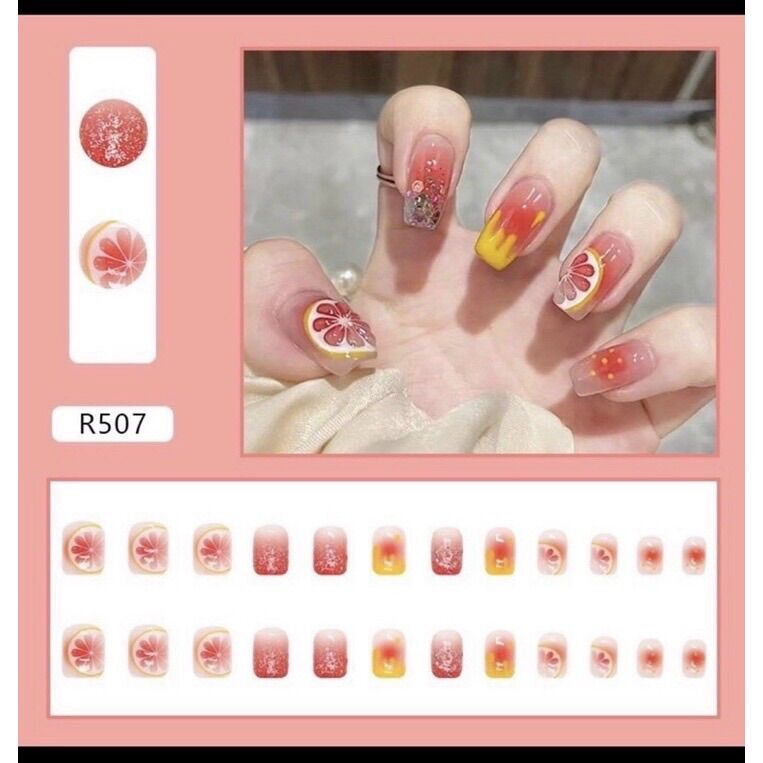 Bộ 24 móng tay giả hồng quả chanh🌺sẵn keo dán 🌺