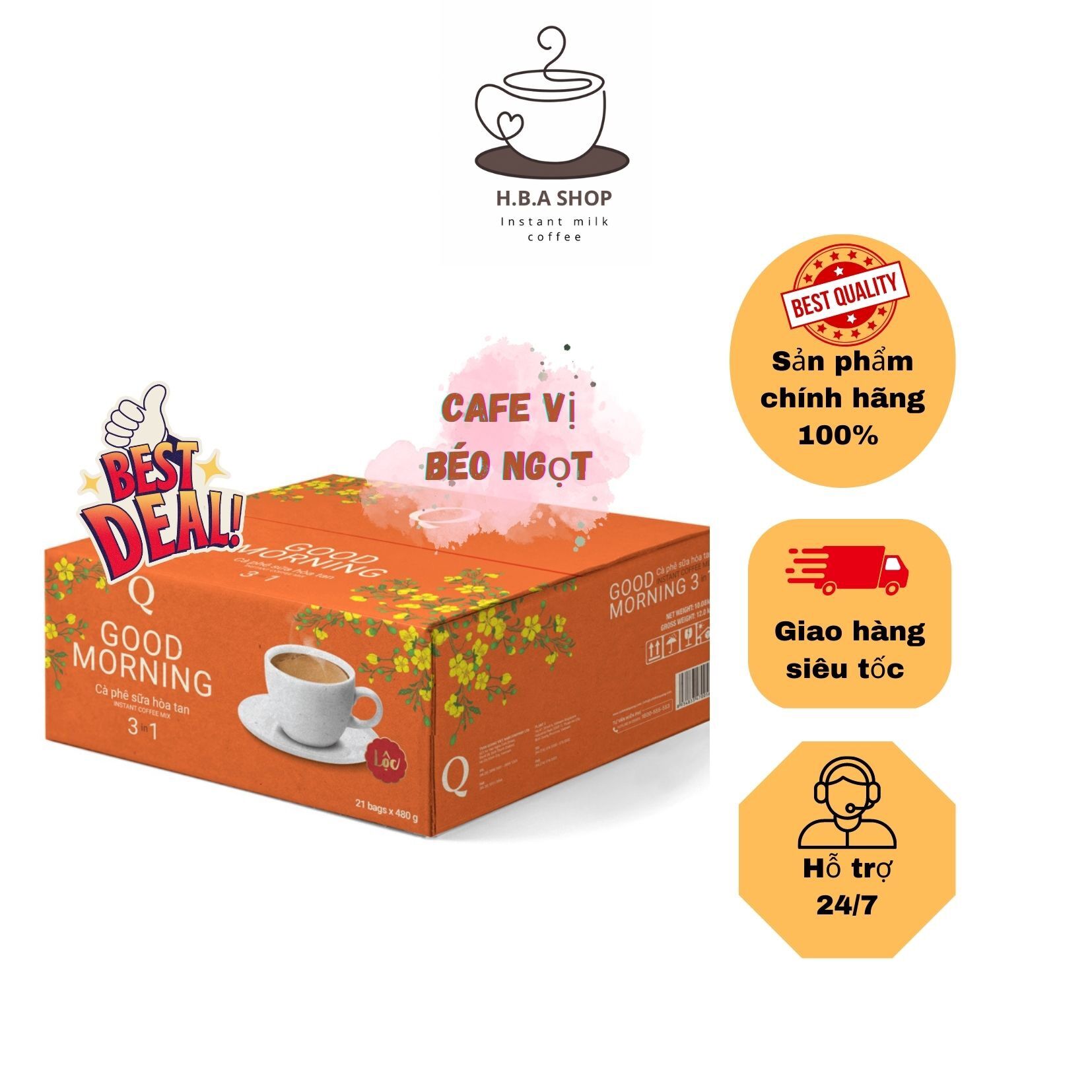 Thùng cà phê sữa hoà tan good morning trần quang 21 bịch