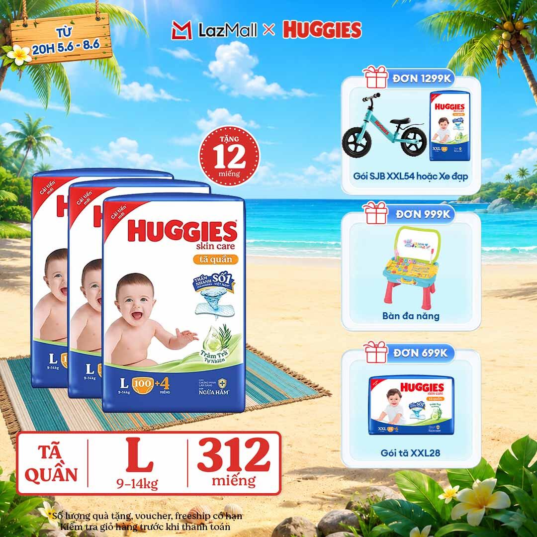 [CHỈ 9-10.6 GIẢM THÊM 90K] Combo 3 Gói Tã/bỉm quần HUGGIES SKINCARE MEGA JUMBO size L96+8 miếng/ L100+4 miếng