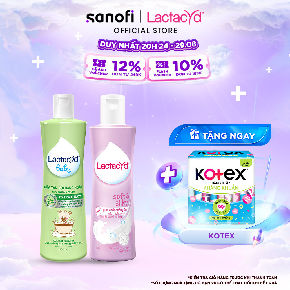 Bộ dung dịch vệ sinh phụ nữ lactacyd soft & silky dưỡng ẩm 250ml + sữa tắm gội trẻ em lactacyd baby extra milky 250ml