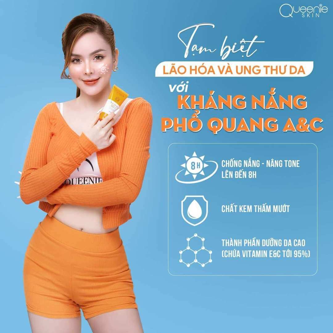 KEM CHỐNG NẮNG PHỔ QUANG A&C QUEENIE SKIN SPF50+ PA+++ 50ml làm nền dưỡng da trắng trang điểm và chống nắng hiệu quả