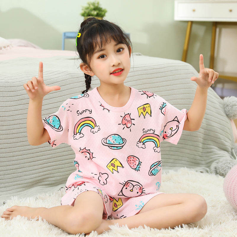 Đồ Ngủ Trẻ Em Đồ Mặc Nhà Bé Gái Bộ Đồ Tay Ngắn Bé Gái Cotton Mẫu Mùa Hè Bé Lớn Nhỡ 9 Tay Ngắn 3-12 Tuổi Kiểu Mỏng