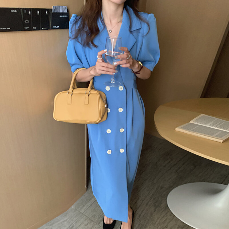 Váy liền kiểu âu phục tay bồng quá đầu gối chít eo scheming hai hàng cúc cổ bẻ khí chất thời trang hàn quốc váy dài nữ