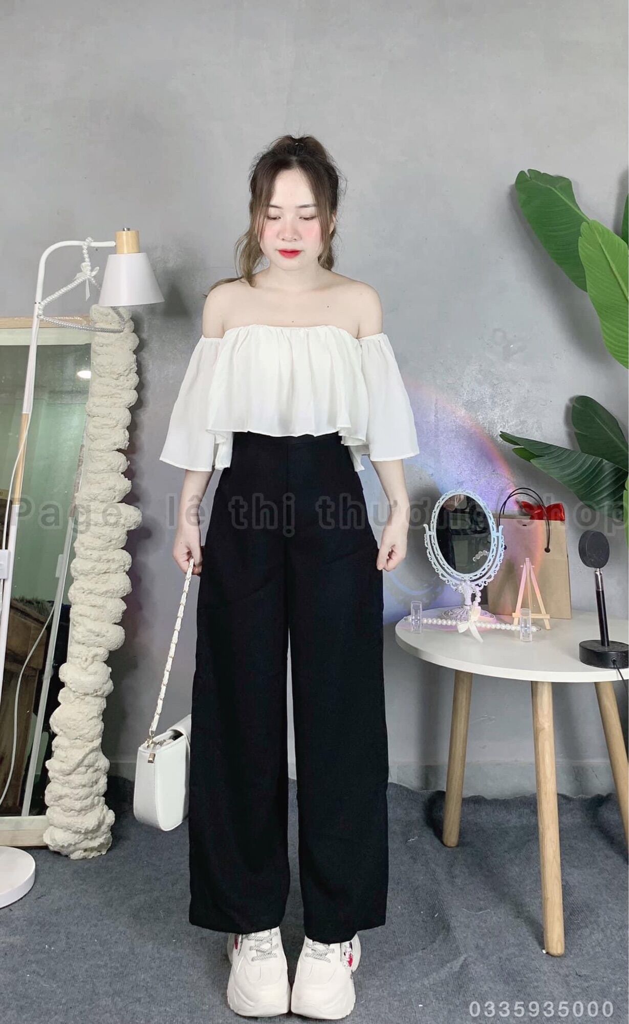 Set quần suông + áo rớt vai bèo
