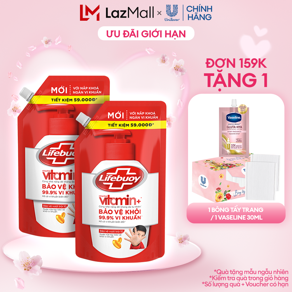 Combo 2 Nước Rửa Tay Lifebuoy Công thức Vitamin+ Bảo Vệ Vượt Trội 10 Túi 1KG