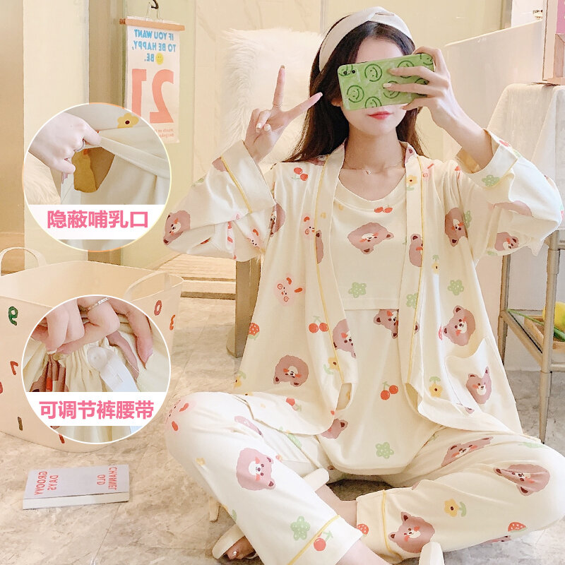 Bộ đồ 3 chiếc, trang phục bà bầu mùa hè xuân thu cotton, áo ngủ cho con bú sữa mẹ sản phụ cho con bú sau sinh, tháng 5 6