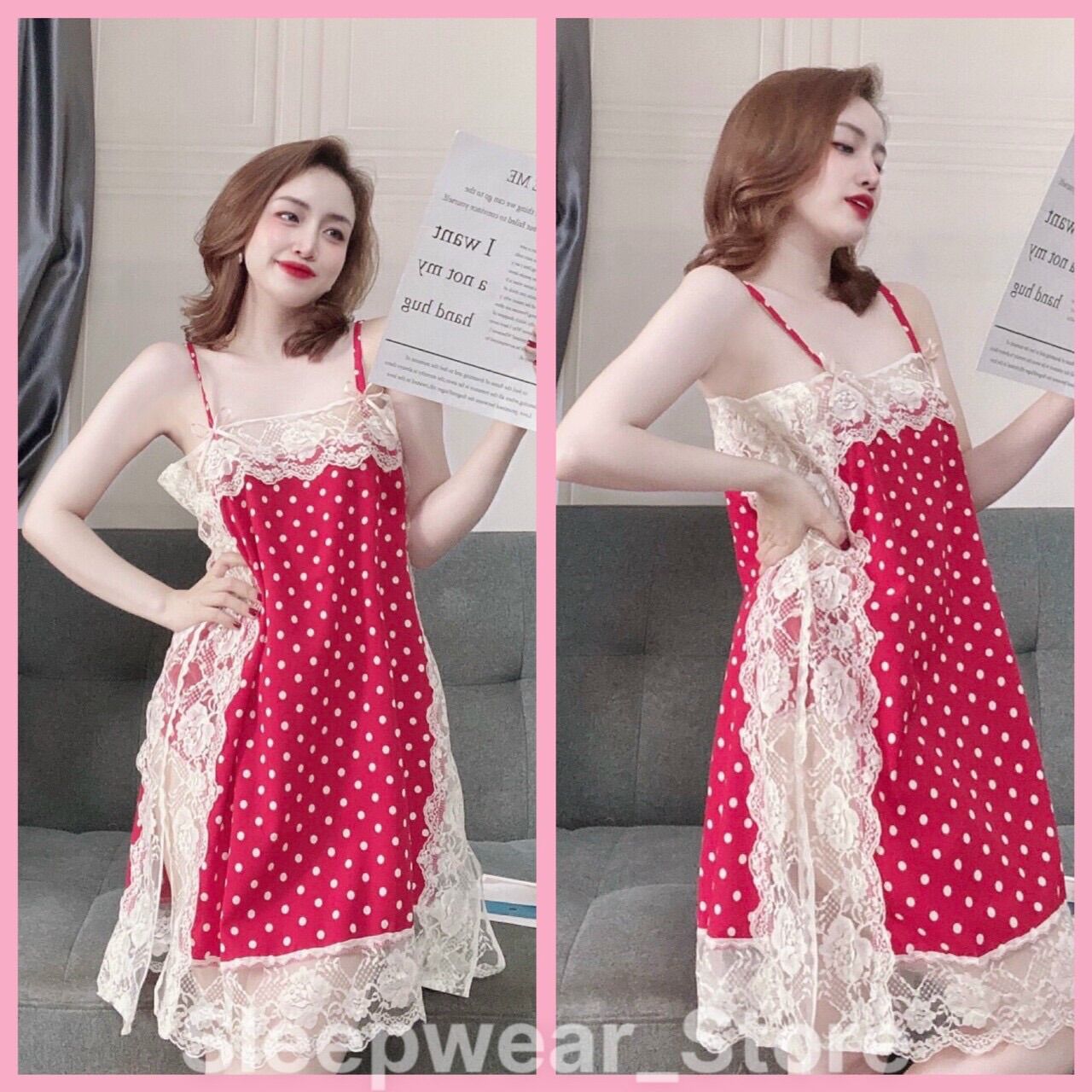 Váy ngủ sexy - đầm ngủ 2 dây phối ren có tăng chỉnh