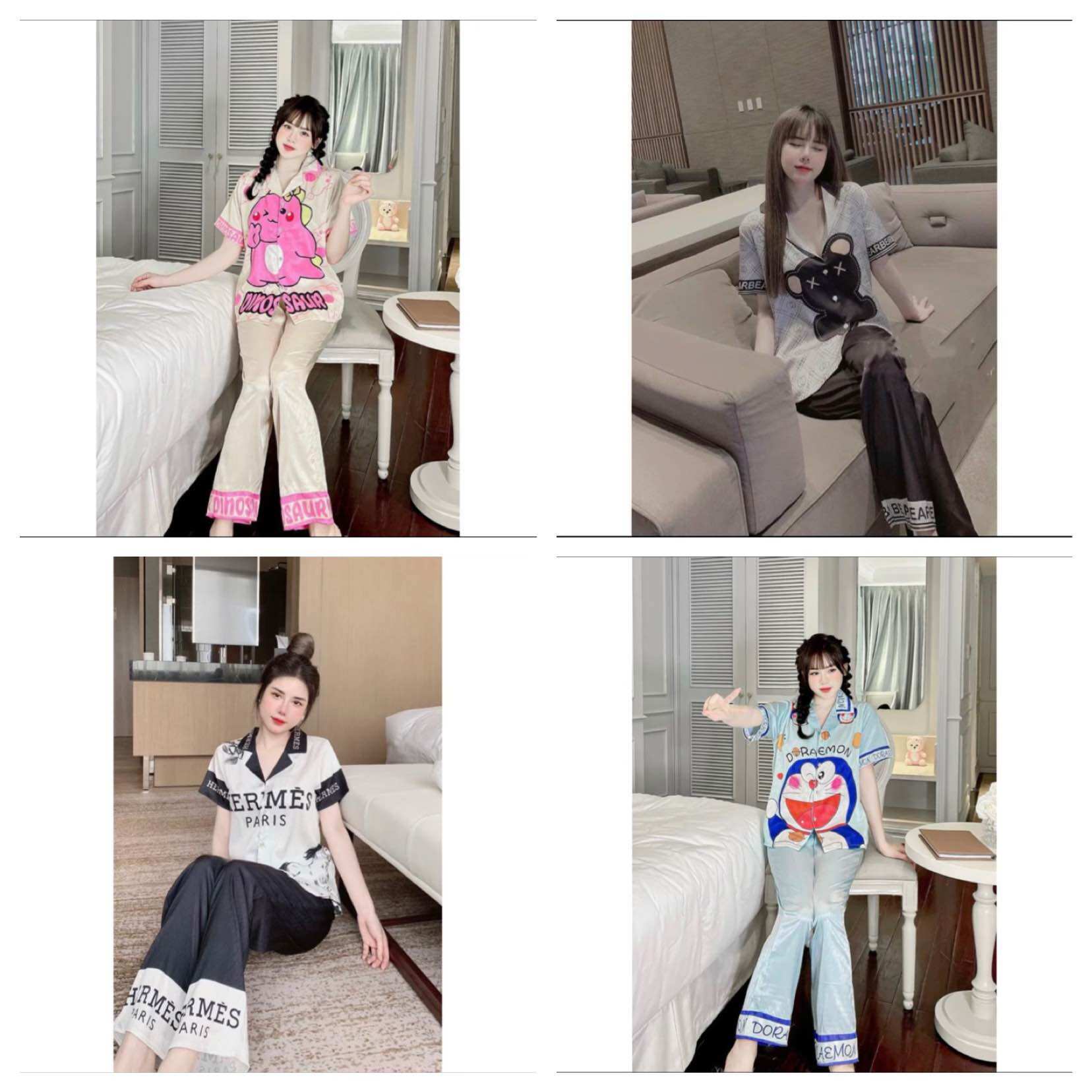 Pijama tay ngắn quần dài lụa xước. tay ngắn quần dài hình đáng yêu dễ thương 40-60kg