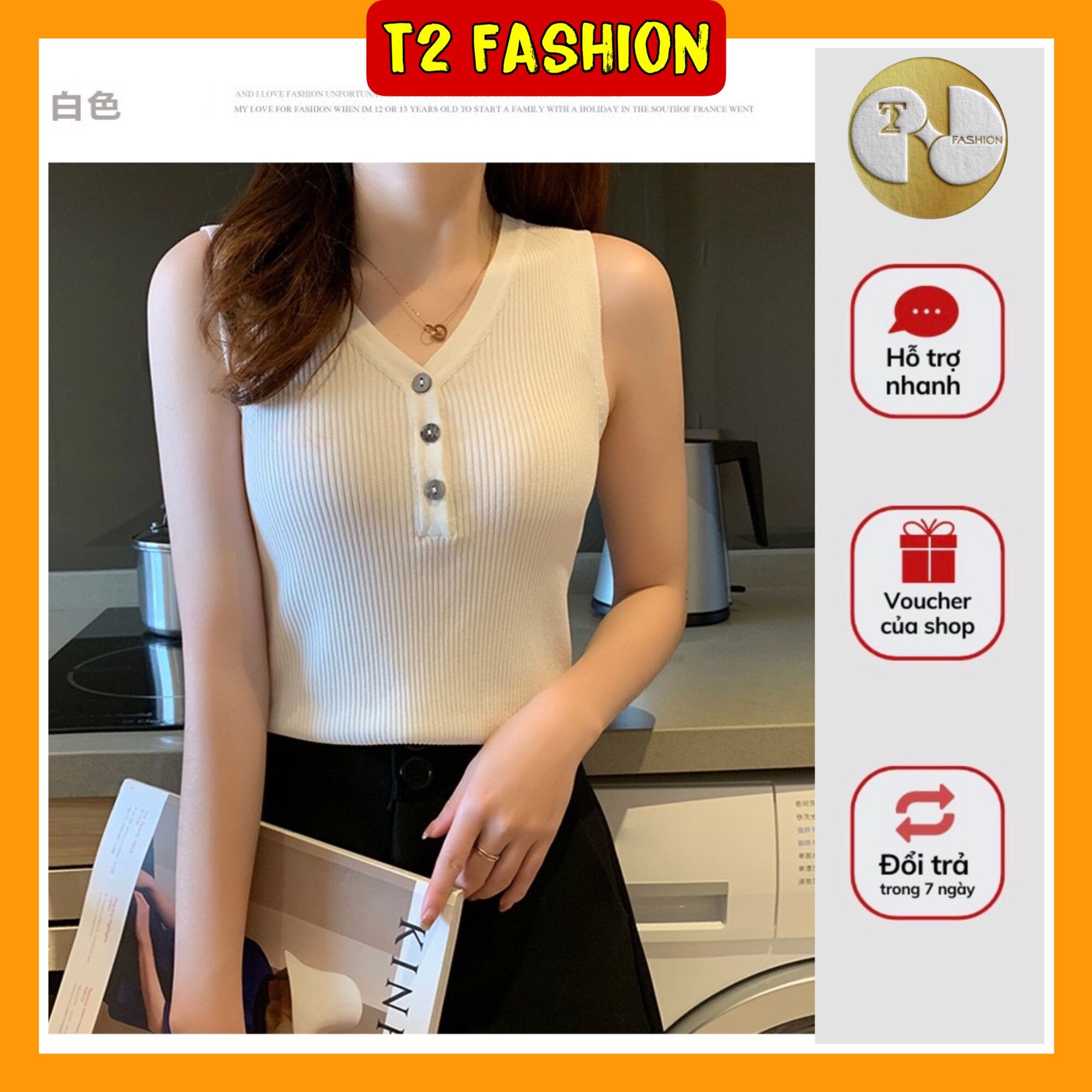 Áo sát nách nữ chất len tăm đính cúc