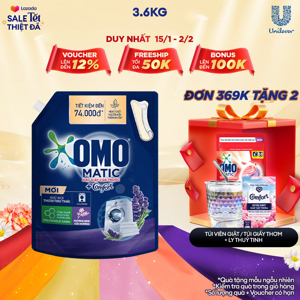 Nước giặt OMO Matic chuyên dụng Cửa Trước Lavender Khử Mùi Thư Thái 3.6kg