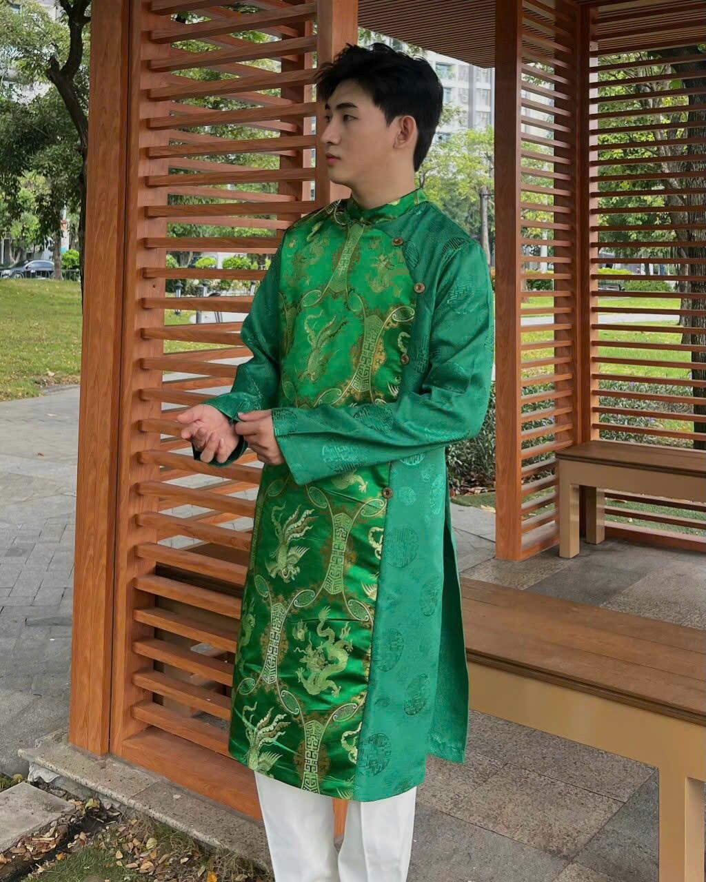 Áo dài gấm cách tân nam xanh lá MS001