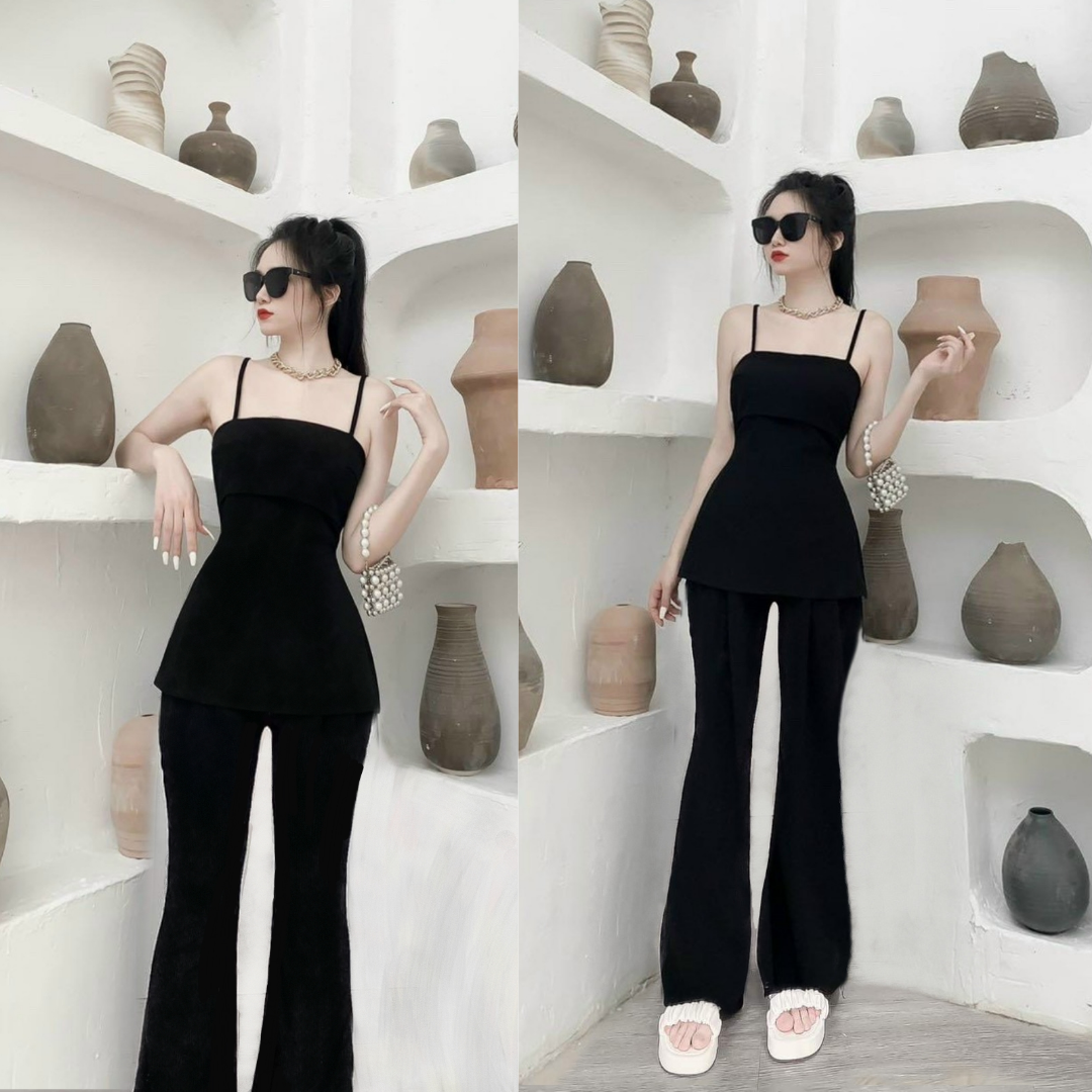 Set áo xẻ tà quần ống loe