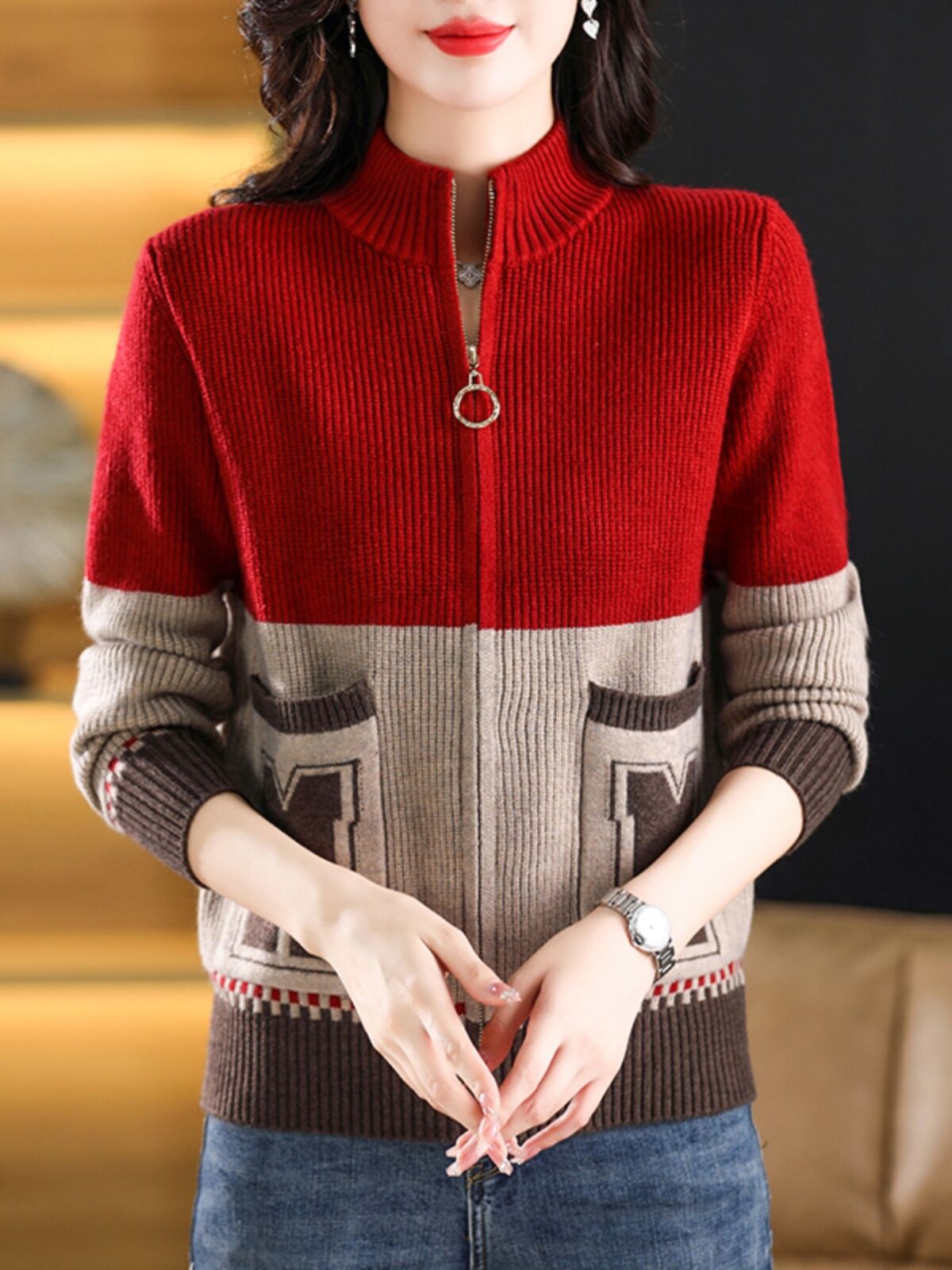 Áo Len Cardigan Dệt Kim Cổ Đứng Rộng Rãi Cho Nữ Áo Khoác Ngoài Mùa Xuân Thu Khóa Kéo Áo Len Dệt Kim Phong Cách Hàn Quốc Thường Ngày