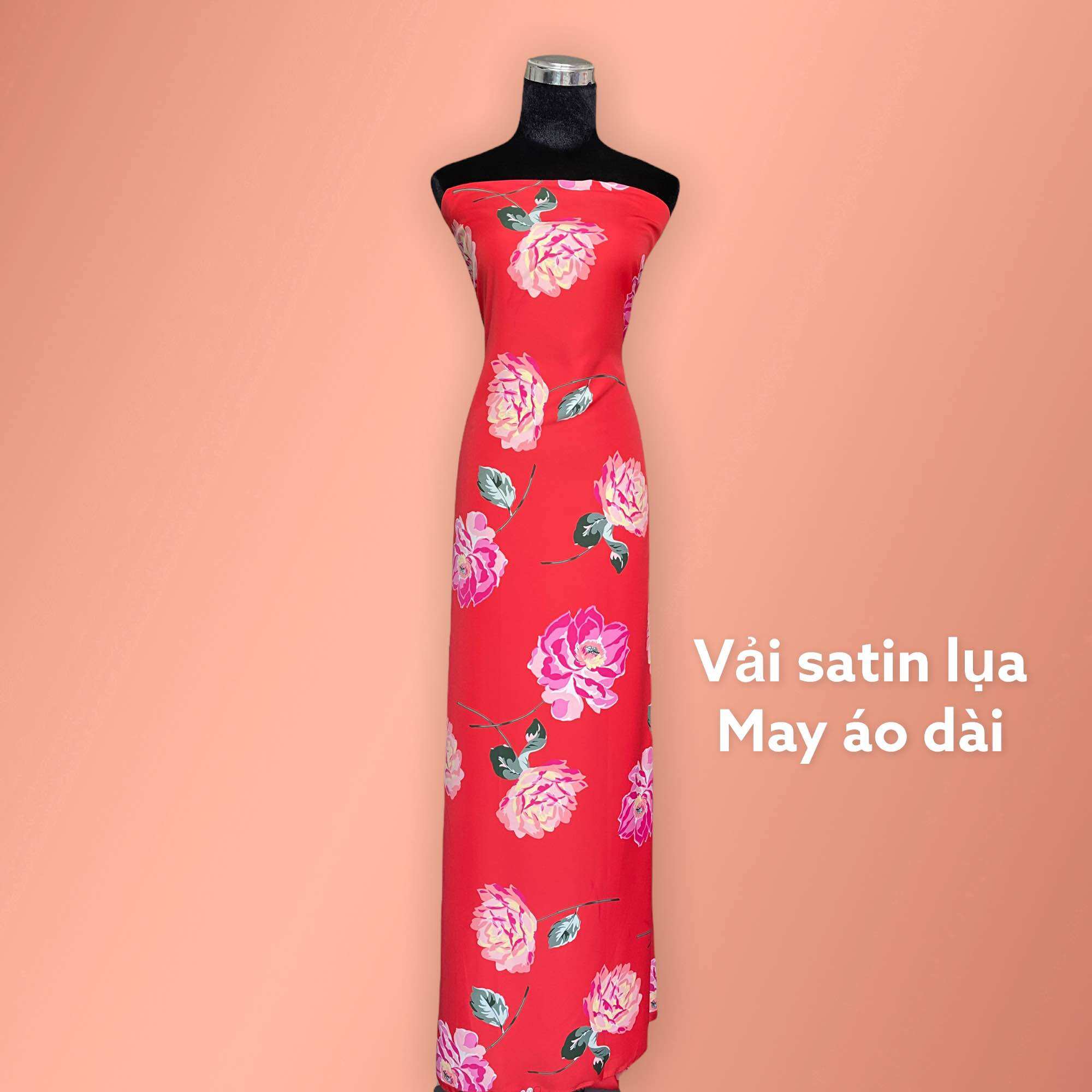 Vải lụa satin thun nền đỏ hoa lá MS2272