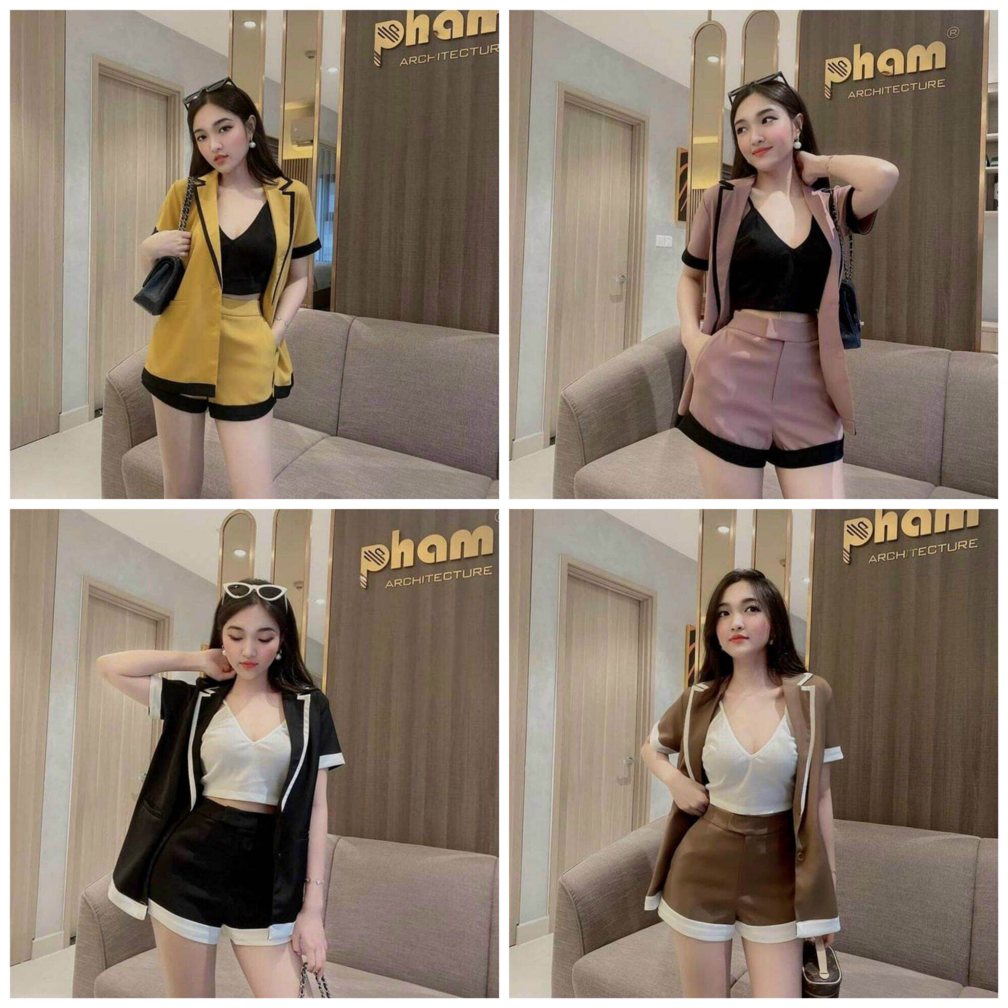 Sét bộ áo cổ vest 3 món cao cấp trẻ trung năng động thời trang nữ sang trọng