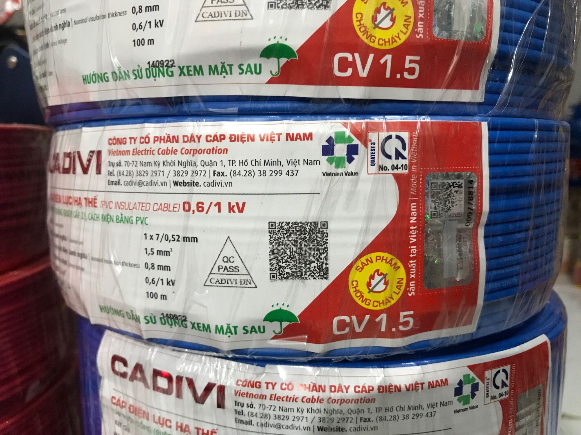 Dây điện Cadivi CV1.5 đơn 7 sợi (cuộn 100 mét)