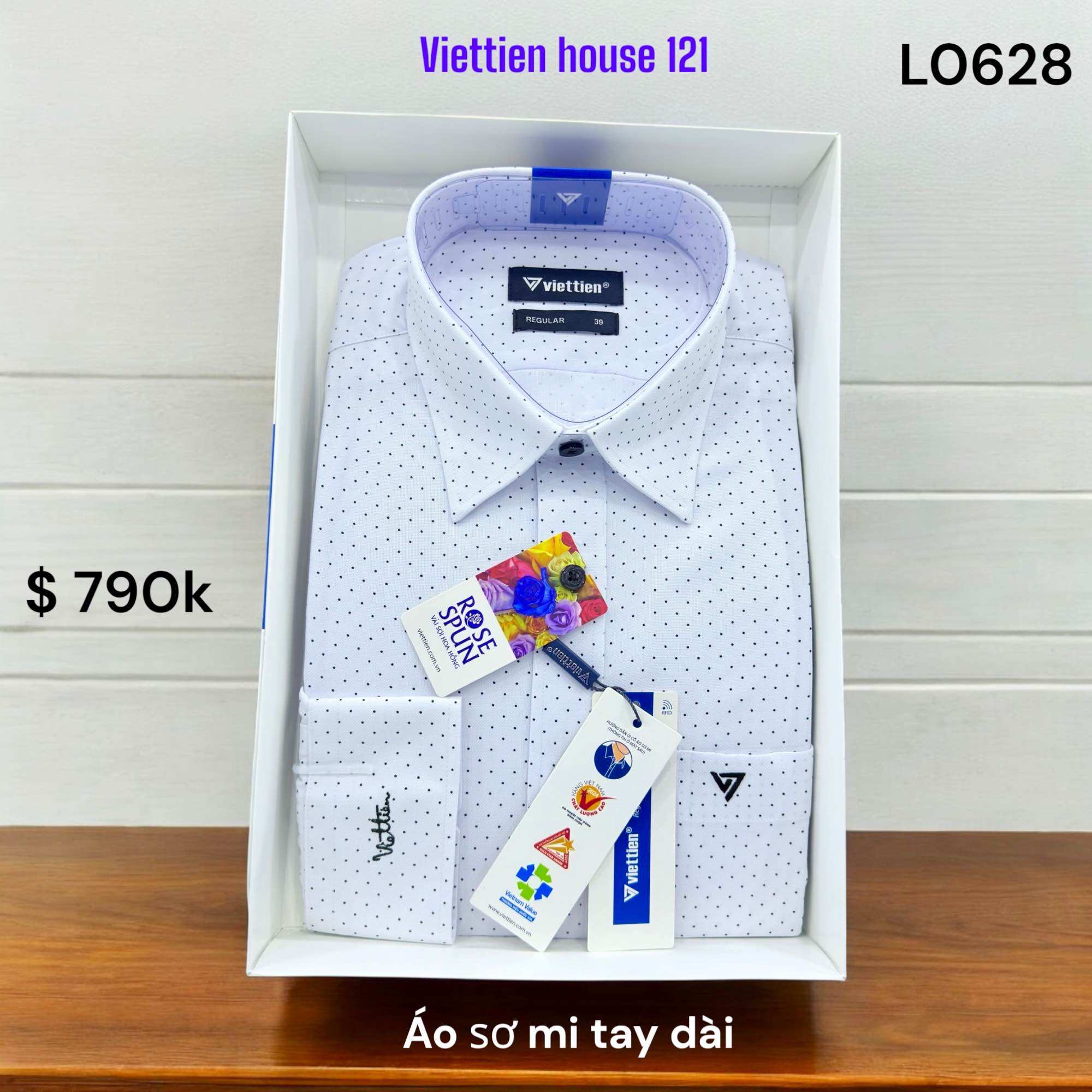  Việt tiến áo sơ mi dài tay chấm xanh mã L0628 vải hoa hồng 