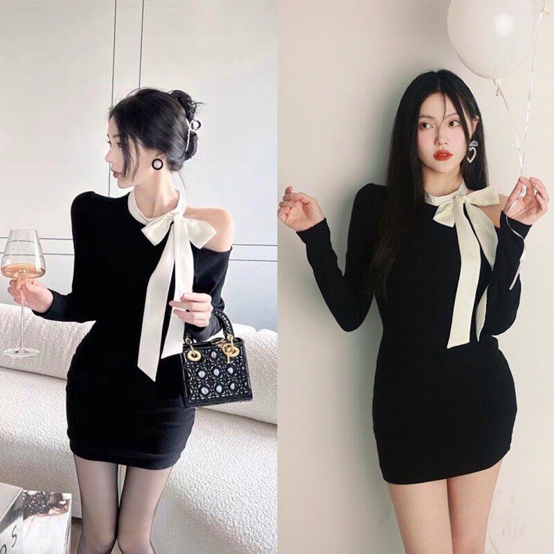 ĐẦM THUN GÂN PHỐI NƠ VAI BOONG STORE DPN1