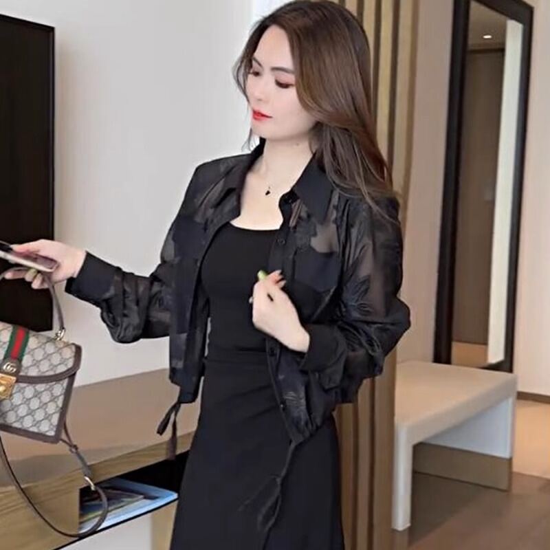 Áo Sơ Mi Chống Nắng Mùa Hè Cho Nữ Áo Khoác Ngắn Mỏng Bằng Vải Voan Áo Khoác Cardigan Hở Cổ Cao Thườn