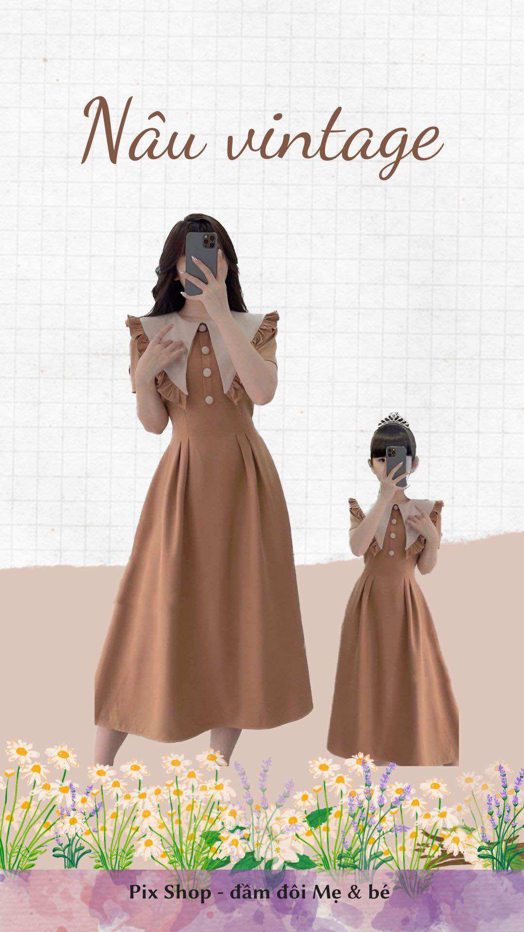 Set đầm Nâu Vintage - có đủ size Mẹ & Bé