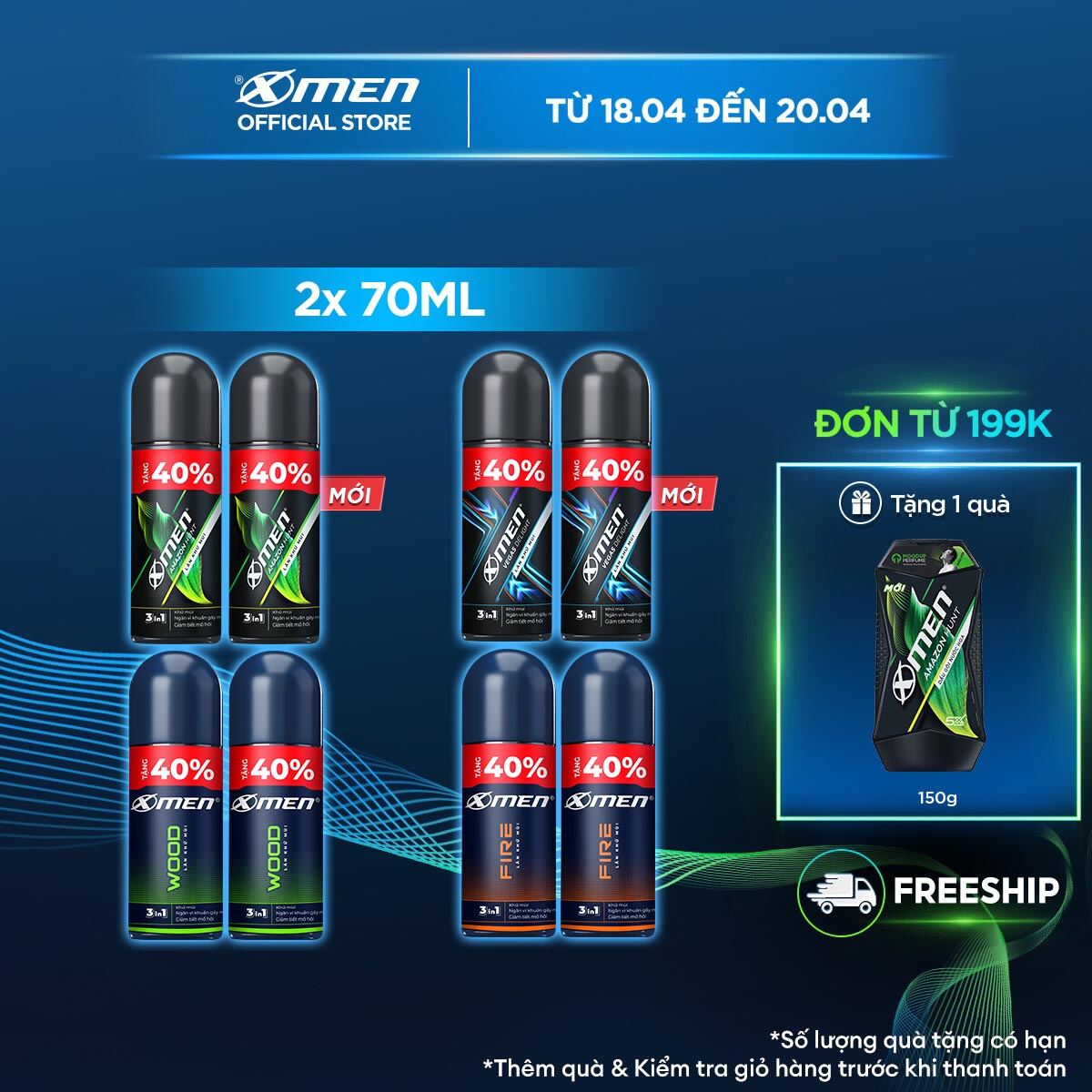 [TĂNG 40% DUNG TÍCH] Combo 2 Lăn khử mùi Xmen Wood 70ml/chai - Hương thơm nam tính
