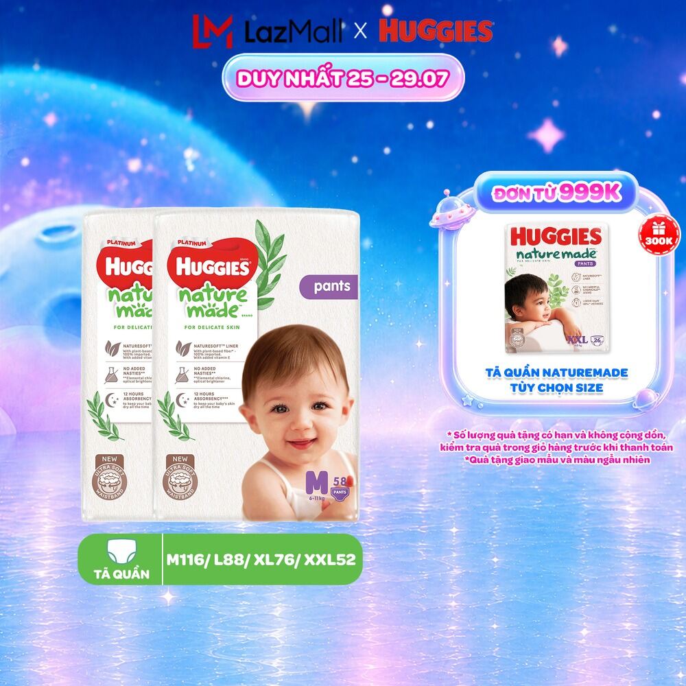 Combo 2 Tã/Bỉm quần Huggies NatureMade Platinum M58/ L44/XL38/XXL26/XXXL28