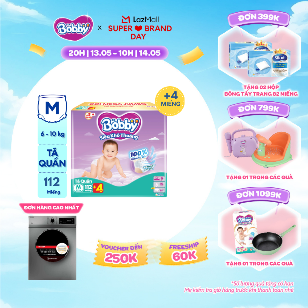 [CHỈ 20h 13.05 QT Đơn 899K/1199K][TẶNG MIẾNG NGẪU NHIÊN] Tã quần Bobby Siêu Khô Thoáng - 100% Thoáng Khí Mega Jumbo  M112 (số miếng tặng thay đổi theo từng đợt nhập hàng)