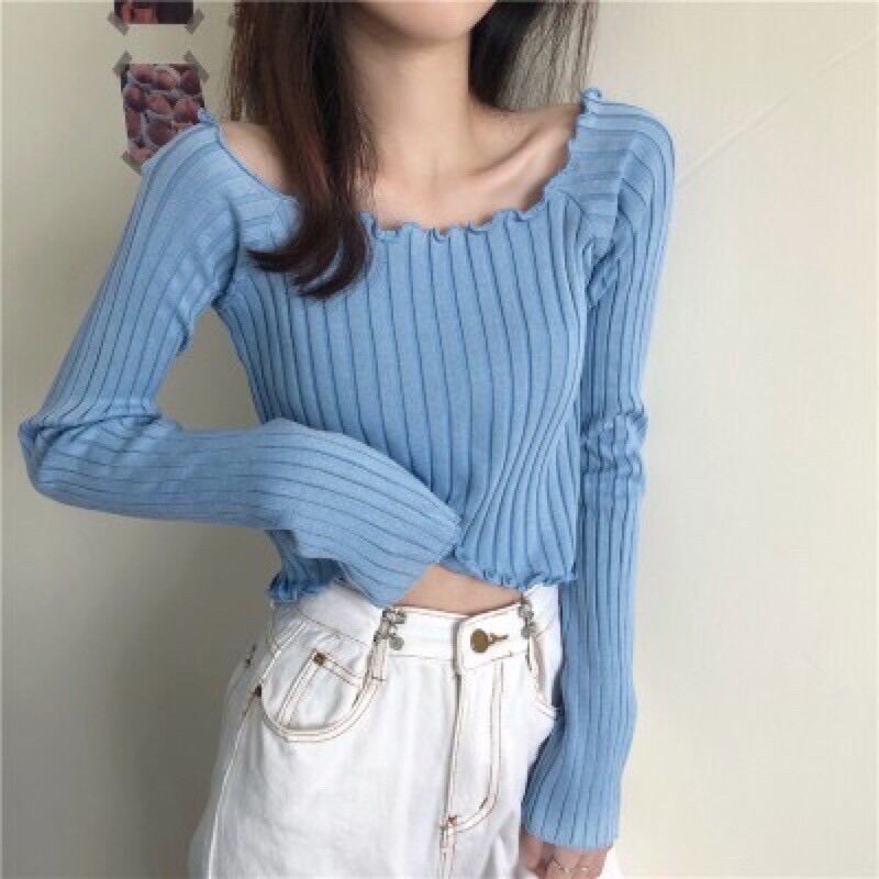 Áo Croptop Trễ Vai Dài Tay Len Mỏng
