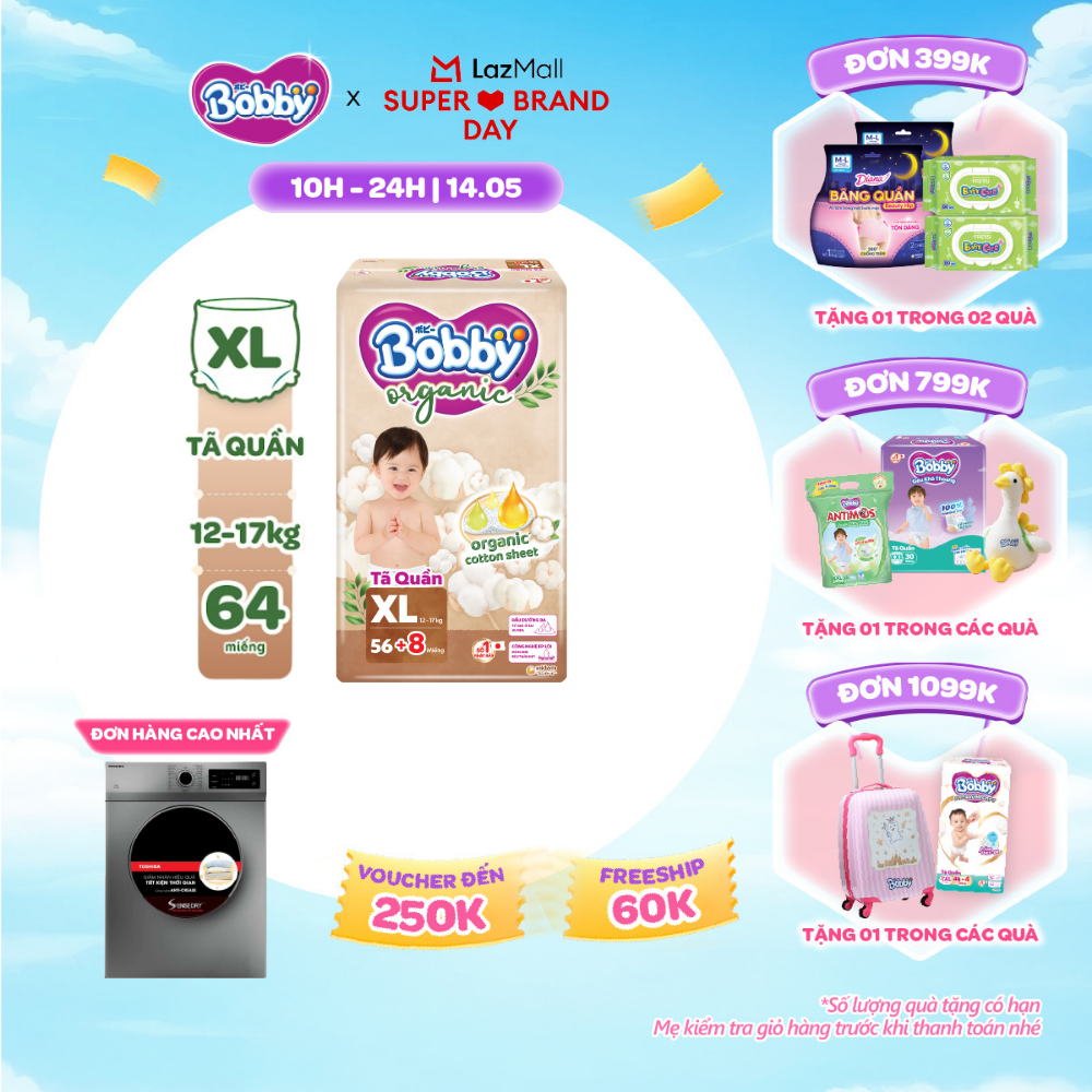 [SALE GIỮA THÁNG tặng QUÀ TO-SLCH][MỚI RA MẮT] [TẶNG KÈM 8 MIẾNG] Tã quần cao cấp Bobby Organic chăm sóc dịu nhẹ từ thiên nhiên XL56
