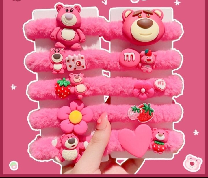 Set 5 dây buộc tóc phủ lông nhung đính charm gấu hồng lotso, bông hoa nơ so cute