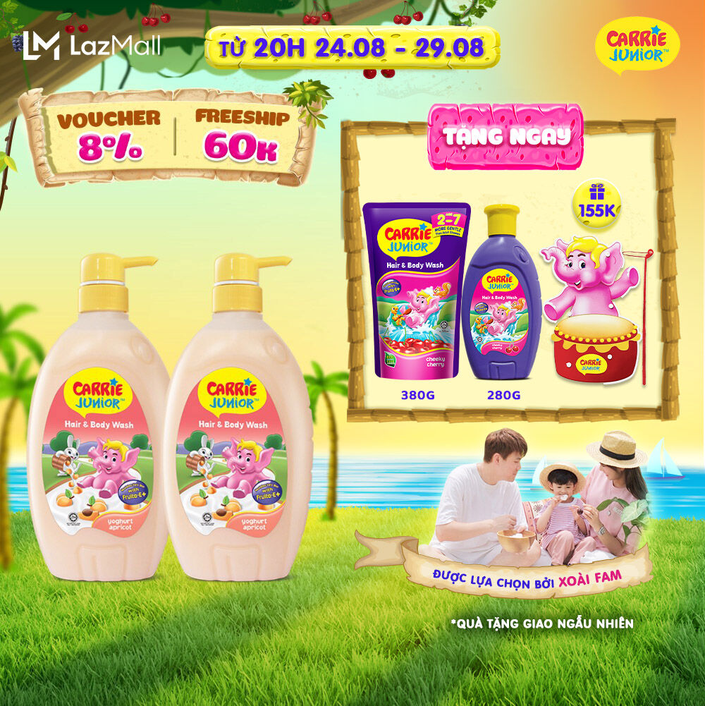 Combo 2 chai Sữa Tắm Gội cho bé Carrie Junior chiết xuất trái cây thiên nhiên Yoghurt Hương Mơ Tây 700g/chai
