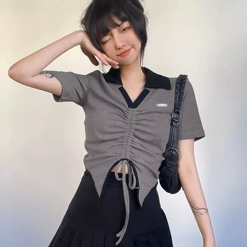 ÁO CROPTOP RÚT DÂY PHỐI 2 MÀU XÁM ĐEN RDV097