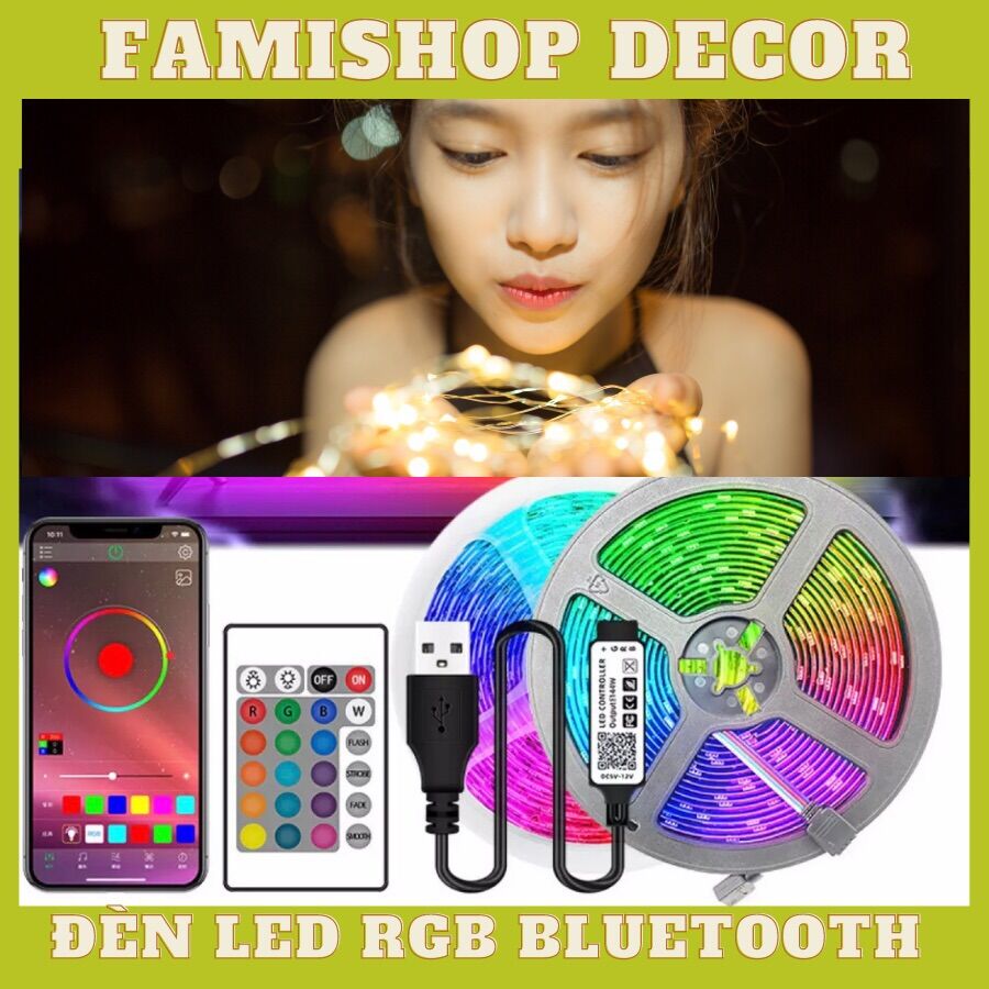 Đèn led trang trí phòng ngủ RGB Bluetooth 24 màu dài 5M điều khiển bằng app điện thoại