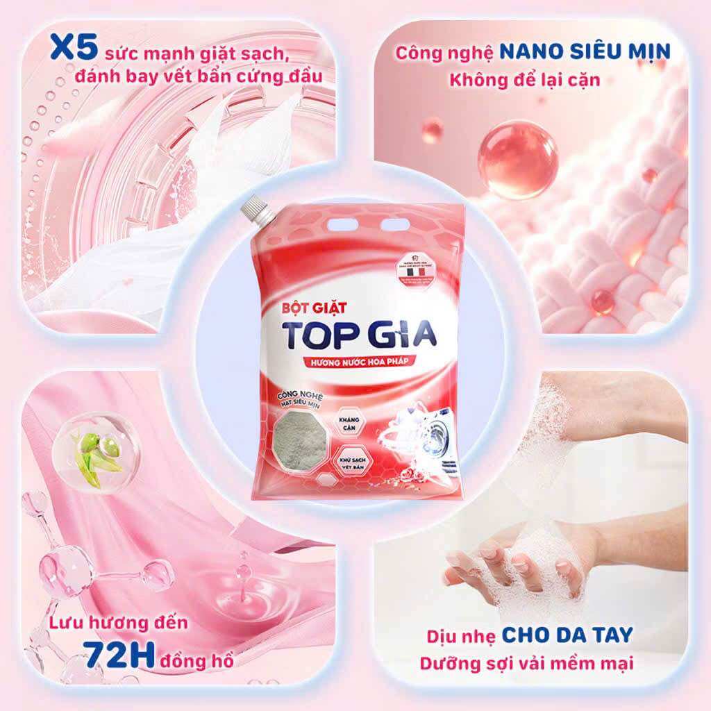 Bột Giặt TOPGIA Hương Nước Hoa Pháp, Nano Kháng Cặn, An Toàn Chăm Sóc Da Tay, Đánh Bay Vết Bẩn. 2.2kg