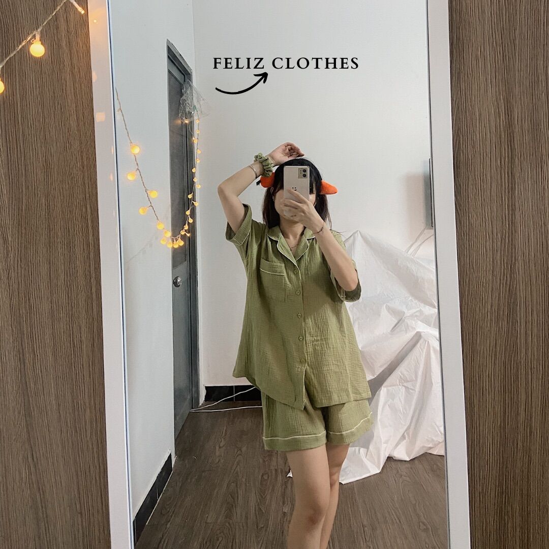 Pyjama xô muslin xanh matcha siêu trắng da