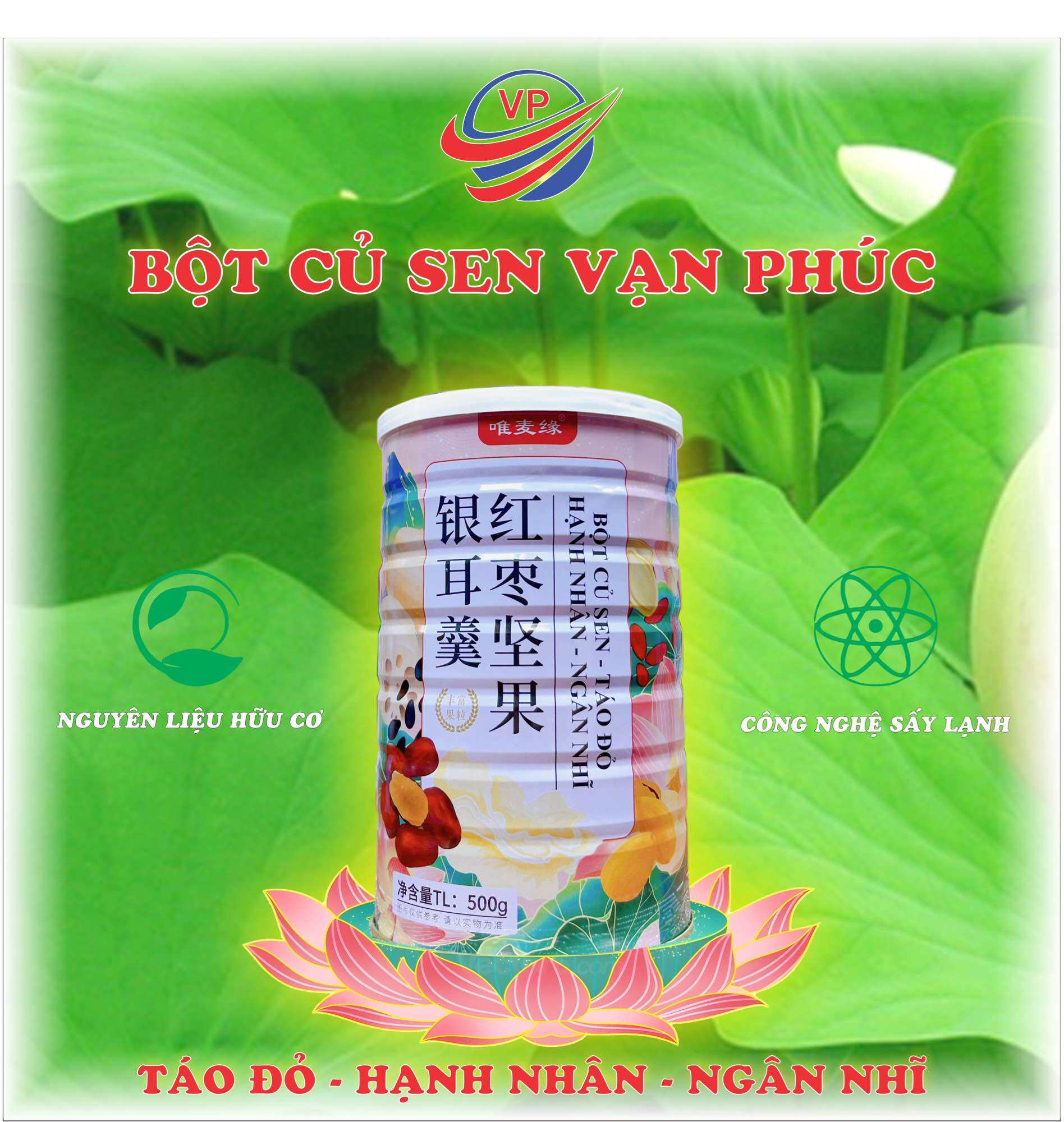 Bột Củ Sen Táo Đỏ, Hạnh Nhân, Ngân Nhĩ hộp 500g An Thần Ngủ Ngon, Đẹp Da