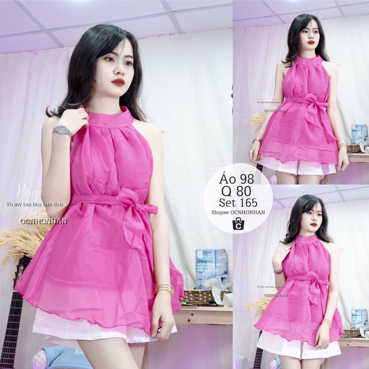 Set áo yếm kèm dây cột eo phối quần short xếp ly
