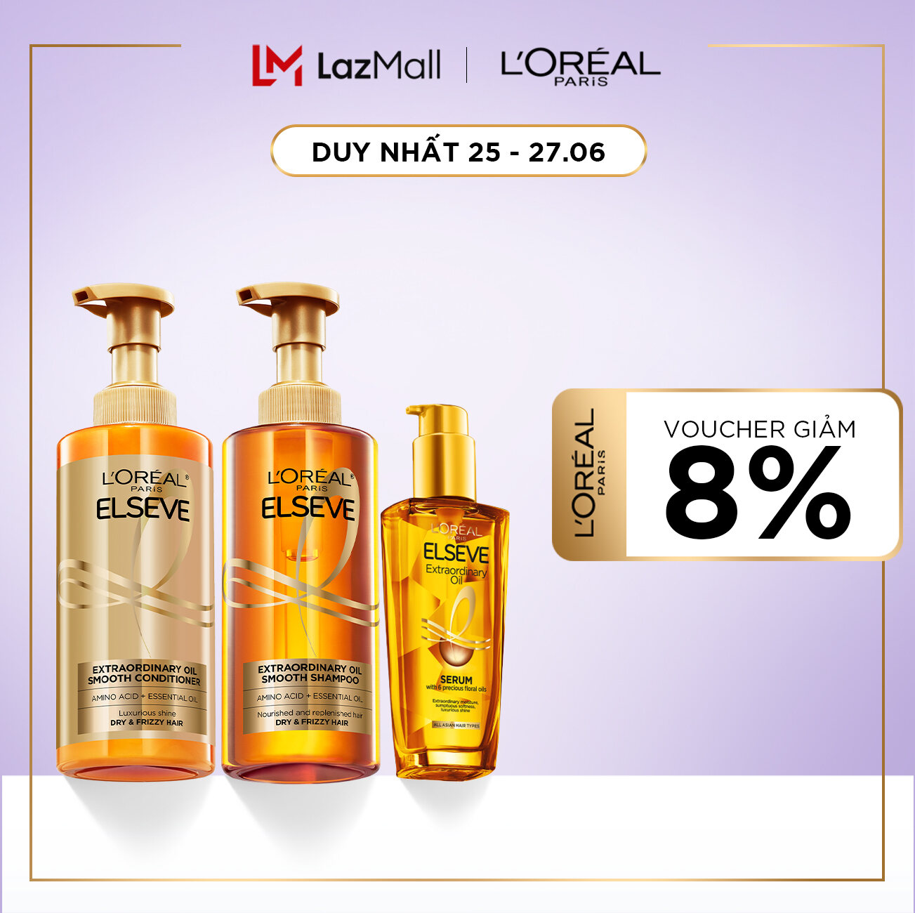 Bộ gội xả dưỡng tóc suôn mượt tóc cao cấp L'Oreal Paris Extraordinary Oil Sleek 440ml x2 & Dầu dưỡng tóc 30ml