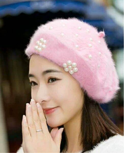 Mũ beret nón bere mũ nồi giữ ấm thu đông thời trang Hàn Quốc lông thỏ đính hạt hoa mai
