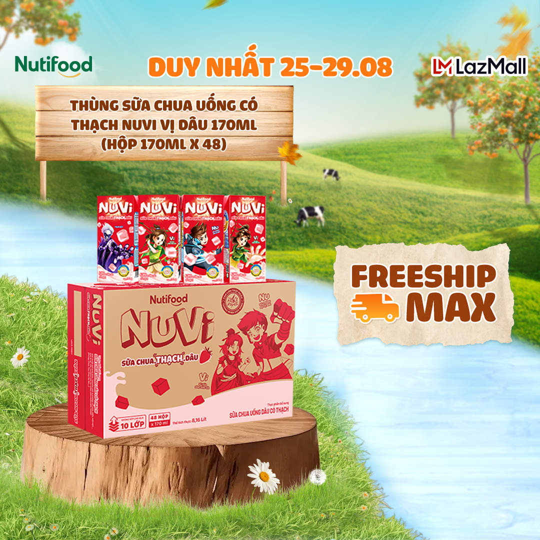 Thùng sữa chua uống có thạch nuvi vị dâu 170ml - tăng chiều cao, mắt sáng