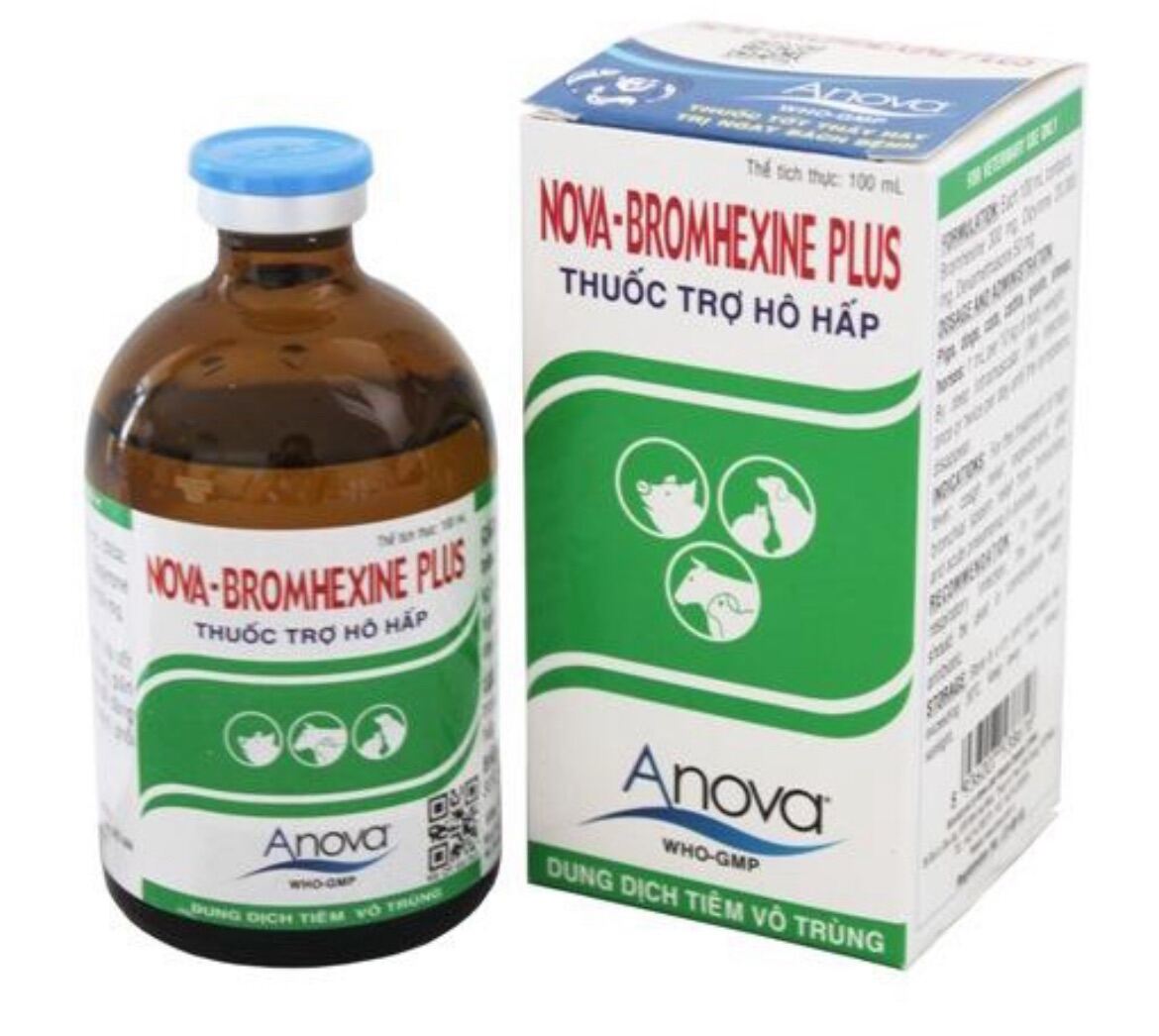 Nova Bromhexine Plus 100ml tiêm cho gà đá hỗ trợ hô hấp dễ thở long đờm và kết hợp pha được với Lincospec không đống vón cục.