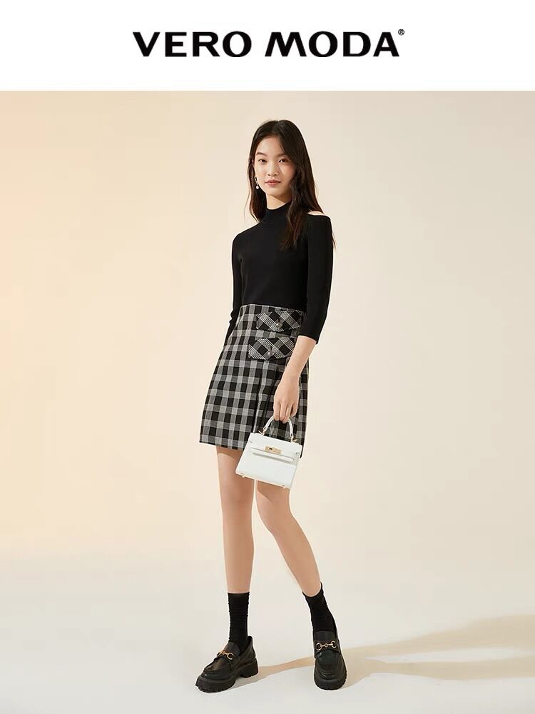Đầm len dệt kim phối chân váy kẻ Vero Moda