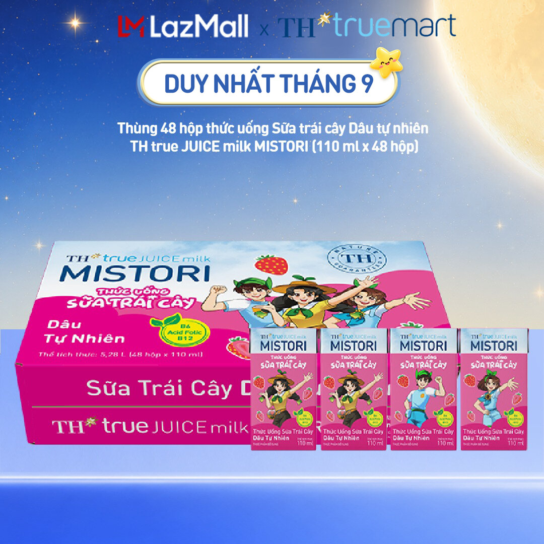 Thùng 48 hộp thức uống Sữa trái cây TH true JUICE milk MISTORI Dâu tự nhiên 110 ml x 48 hộp