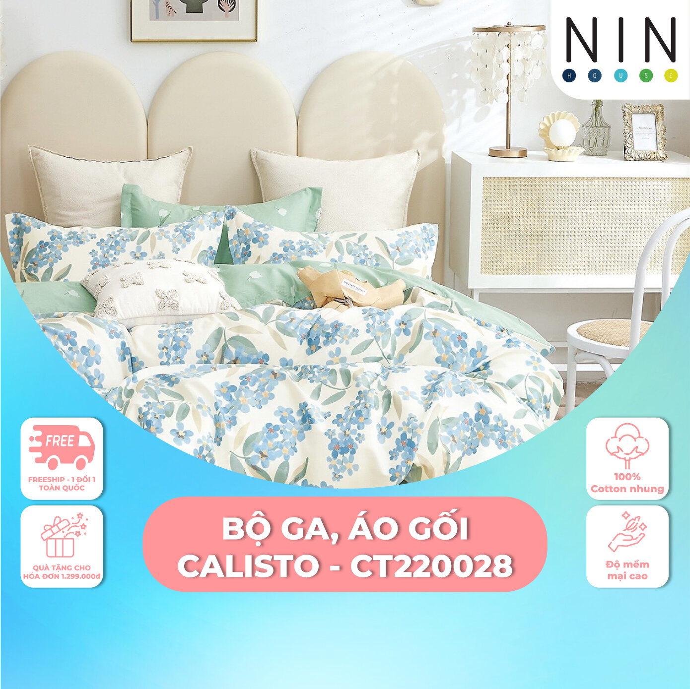 Bộ drap, áo gối nin calisto ct220028 đủ kích thước 1m2, 1m4, 1m6, 1m8 không kèm mền, ga bo chun bọc nệm